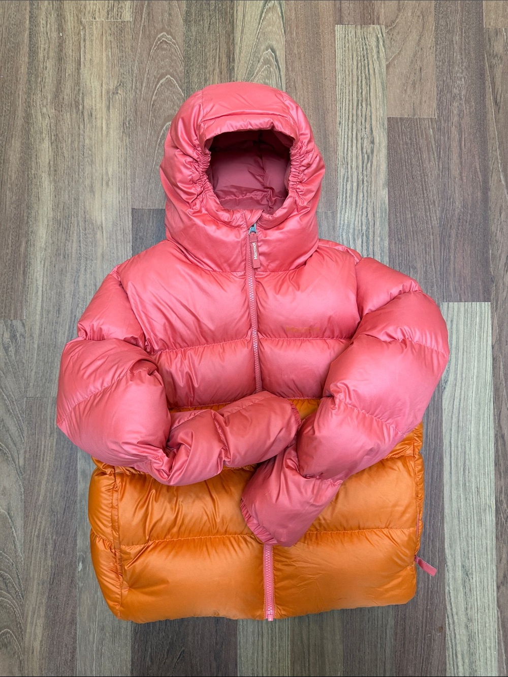 Marmot Two-Tone Kids Puffer Jacket in Coral and Orange